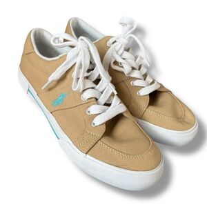 Polo Ralph Lauren low-top canvas Halida tan light blue pony men 8.5 sneakers